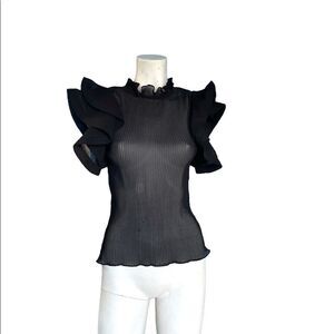Black Sheer Mock Neck Blouse Top Shirt Bell Sleeves LOVESONG​​​​​